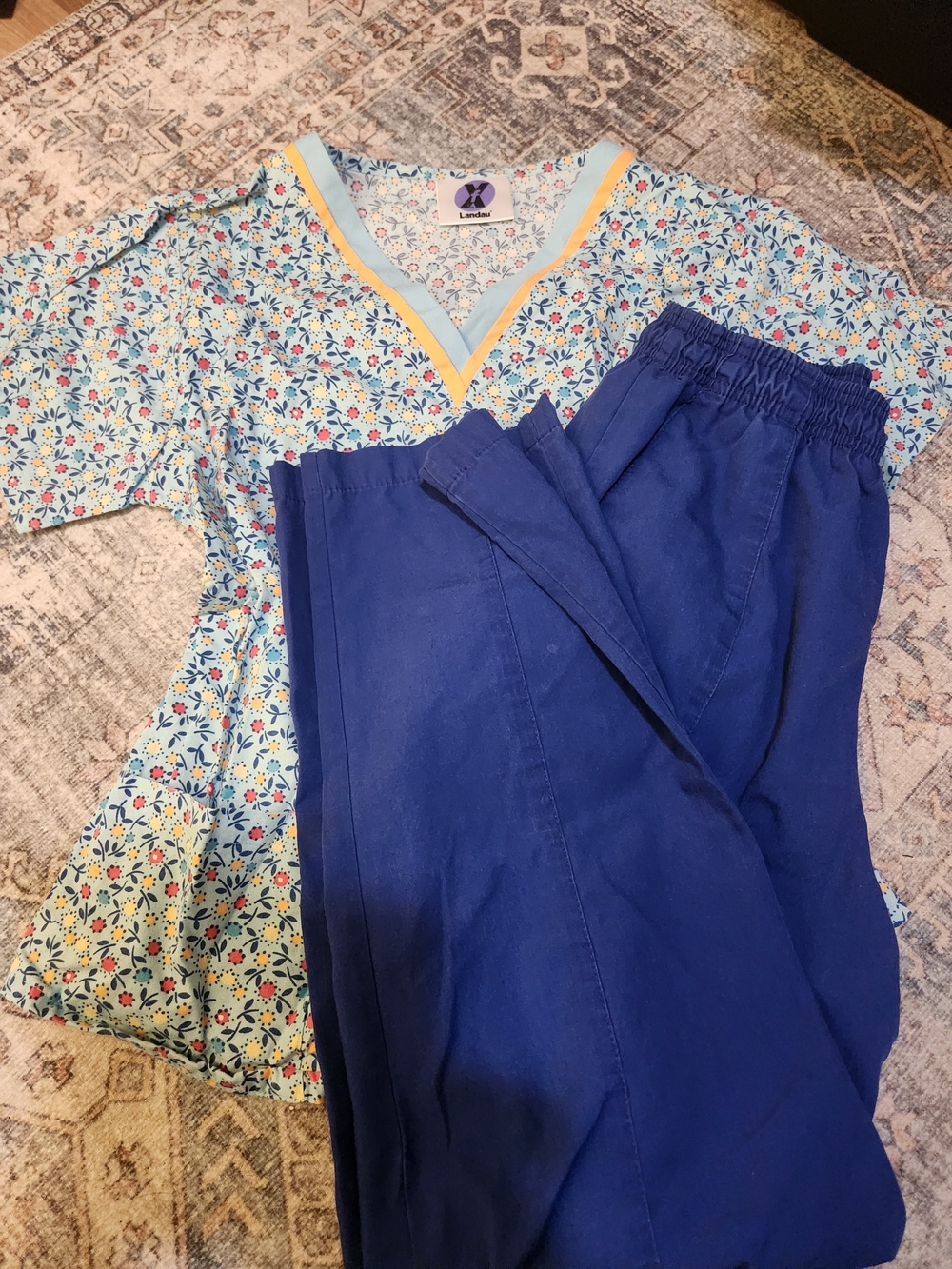 Landau Floral V-Neck Scrub Top & Navy Scrub Pants Set